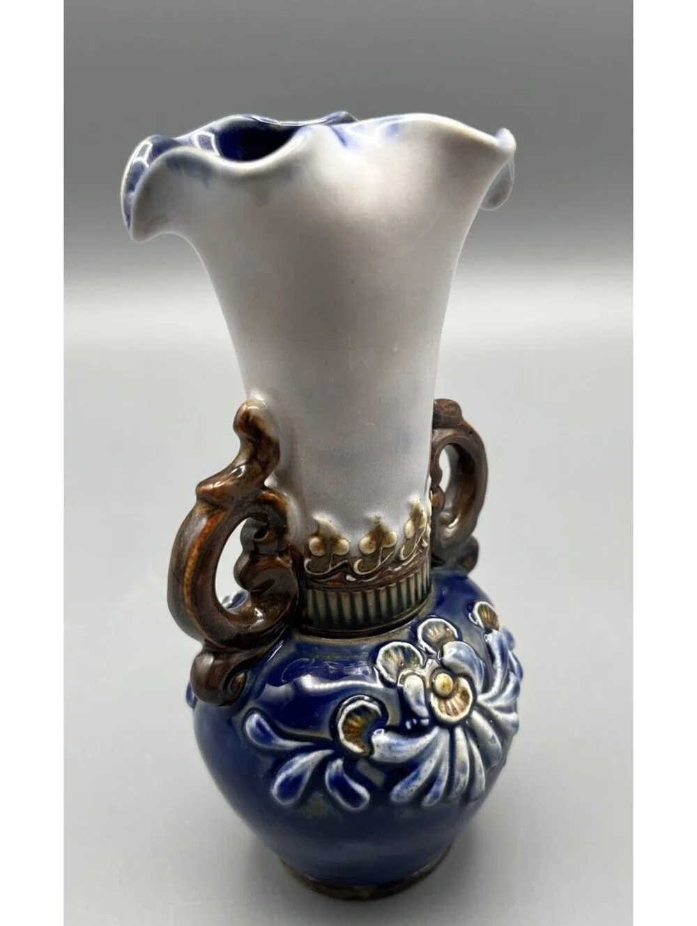 Doulton Lambeth Stoneware Vase Art Nouveau Blue Floral Relief Double Handles